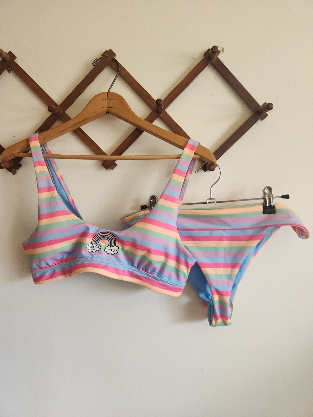 NWOT ZV Zac Vanek Striped Pastel Rainbow Bikini Set Two-Piece Swimwear Large